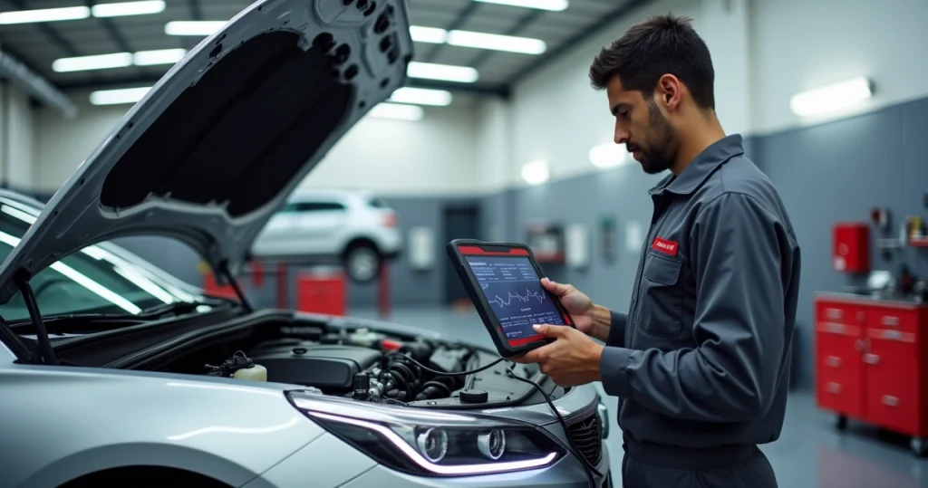 Mecânico especialista analisando injeção eletrônica de carro em oficina moderna